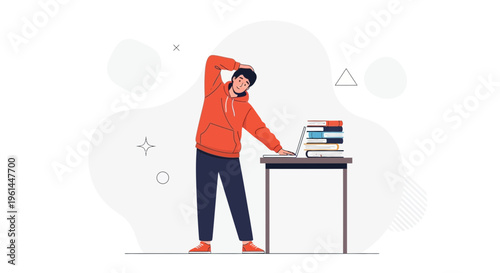 Young man stretching at desk with laptop and books, healthy lifestyle, study break