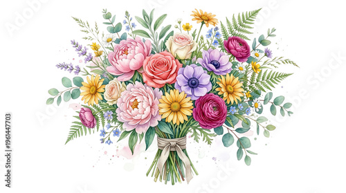 Watercolor floral bouquet with pink peonies and roses, elegant spring flower arrangement with eucalyptus and lavender, romantic botanical wedding illustration