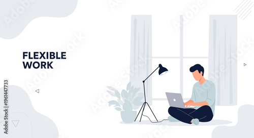 Man working on laptop at home, flexible work concept, modern illustration