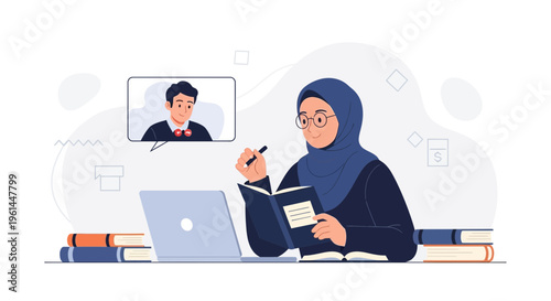 Muslim Woman Studying Online with Laptop and Books, Virtual Class