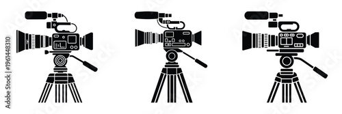 World Press Freedom Day May 3 Vector Illustration – Professional Video Camera on Tripod Icons Representing Journalism, Media Freedom, Broadcasting, and News Reporting in Black and White