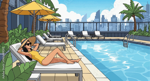 Woman relaxing by the pool in a city rooftop setting  
