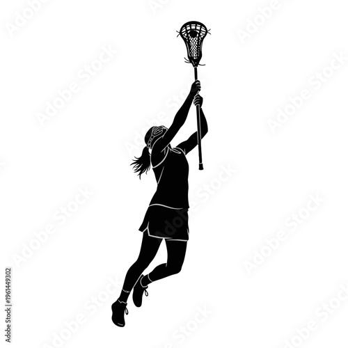 Silhouette of a female athlete leaping to reach the lacrosse stick in an action-packed moment.
