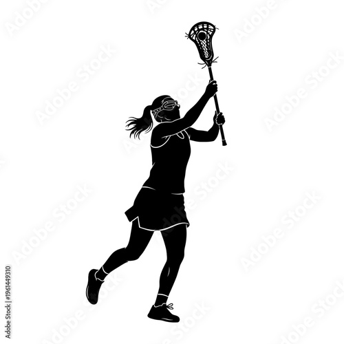 Silhouette of an Intense Lacrosse Player in Action on the Field.
