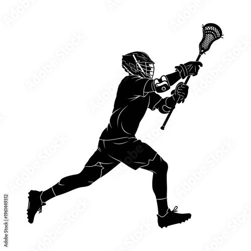 Lacrosse athlete in action sprinting on field with stick during game or practice session.