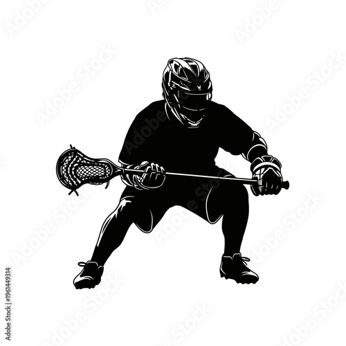 Lacrosse player in action with stick ready to shoot on the field.