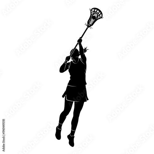 Silhouette of Lacrosse Player Jumping to Catch Ball in Midair.