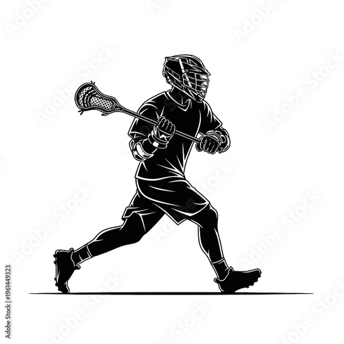 Lacrosse player in action silhouette with stick on field.