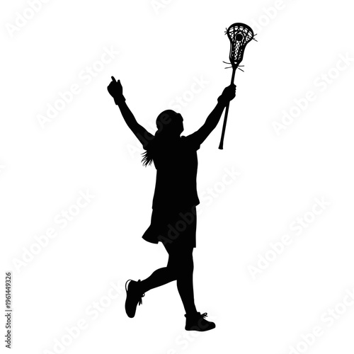 Silhouette of a cheering athlete leaping with a lacrosse stick in celebration.