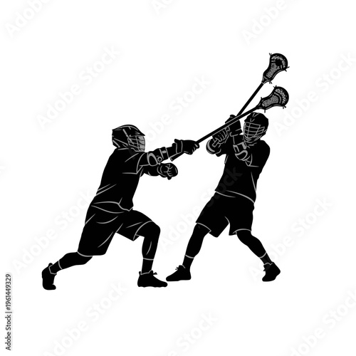 Silhouetted Athletes Engaged in a Fast-Paced Stick Sport Duel in Action.