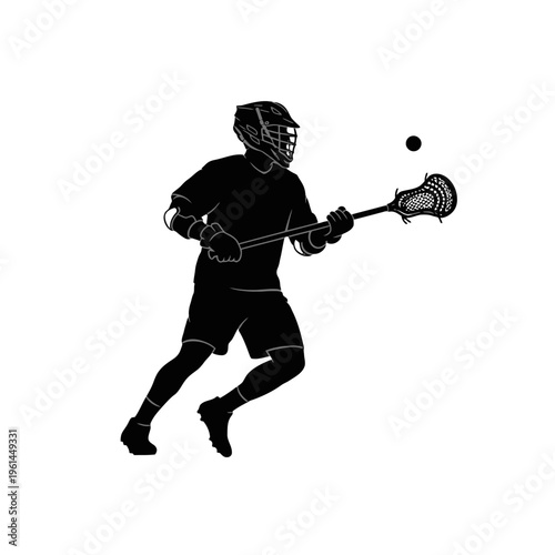 Silhouette of a Lacrosse Player in Action with Ball and Stick.