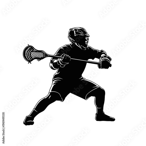 Silhouette of a Lacrosse Player in Dynamic Action on the Field.