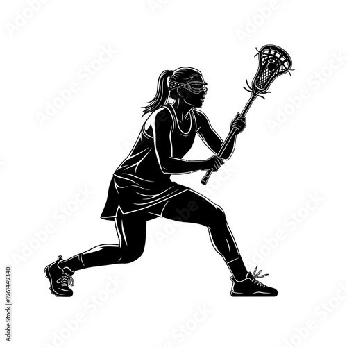 Lacrosse Player in Action Silhouette with Lacrosse Stick on Field.