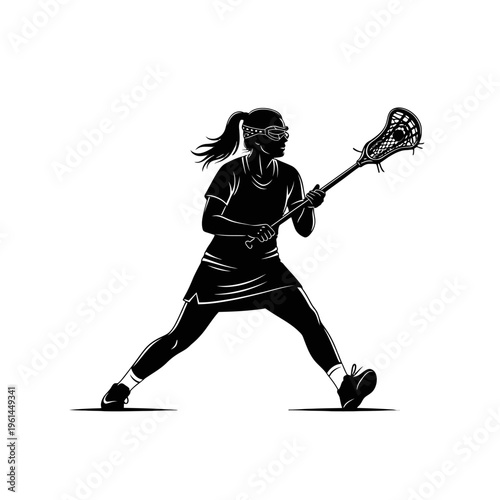 Lacrosse player in action with stick on field during outdoor game.