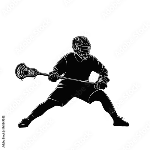 Silhouette of a lacrosse player in action with stick and helmet.