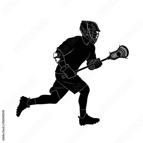 Dynamic silhouette of a lacrosse player running with stick in action.