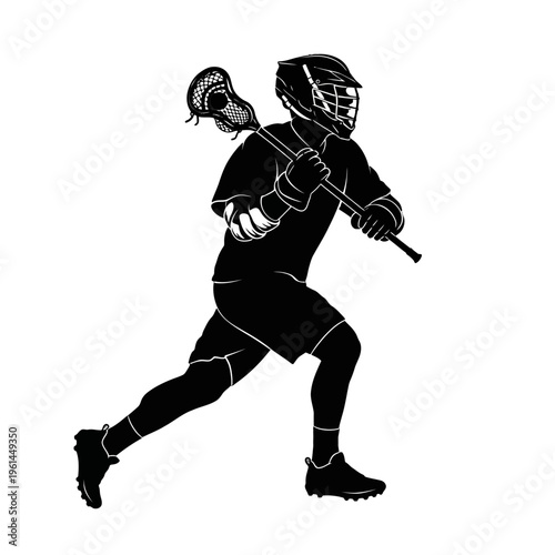 Silhouette of Lacrosse Player in Action with Stick and Gear.