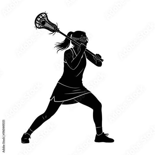 Lacrosse Player in Action Silhouette with Stick on the Field.