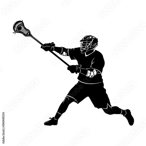 Dynamic silhouette of a lacrosse player in action on the field.