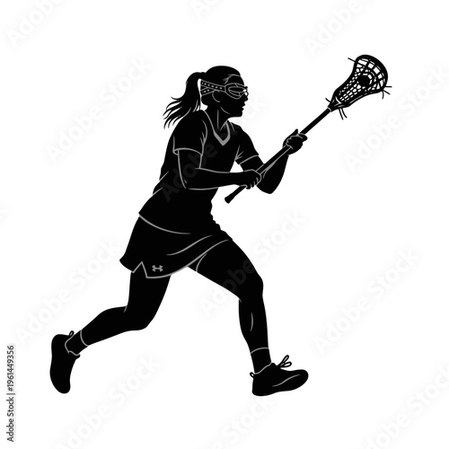 Dynamic silhouette of lacrosse player sprinting with crosse during game action and outdoor field play.