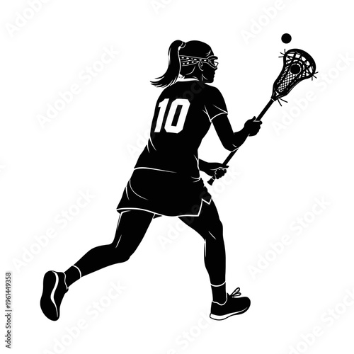 Silhouette of a lacrosse player in action wearing a numbered jersey on the field.