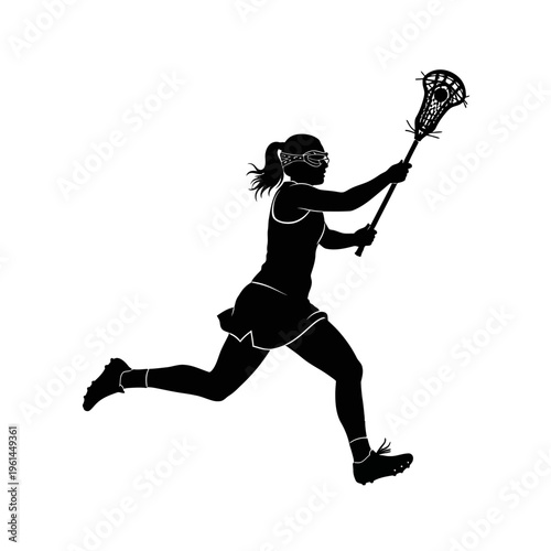 Silhouette of a female athlete running with a lacrosse stick during a game.