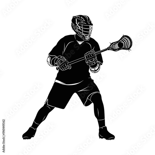 Lacrosse player in action with protective gear and stick against a white studio background.