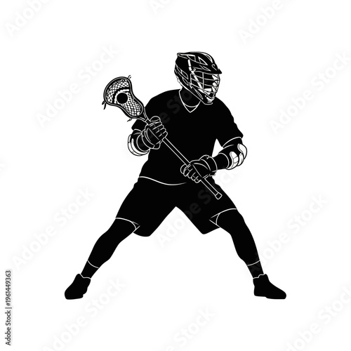 Lacrosse player silhouette in action holding a lacrosse stick on a field.