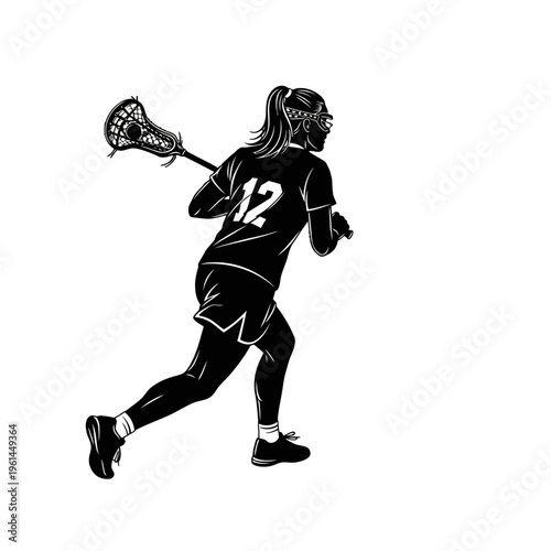 Dynamic lacrosse player in action running with stick and ball in uniform.