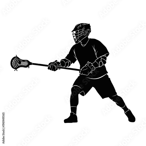 Lacrosse Player in Action with Stick and Helmet on the Field.
