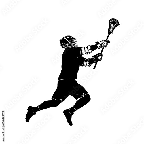 Dynamic silhouette of a lacrosse player swinging a stick in action on the field.