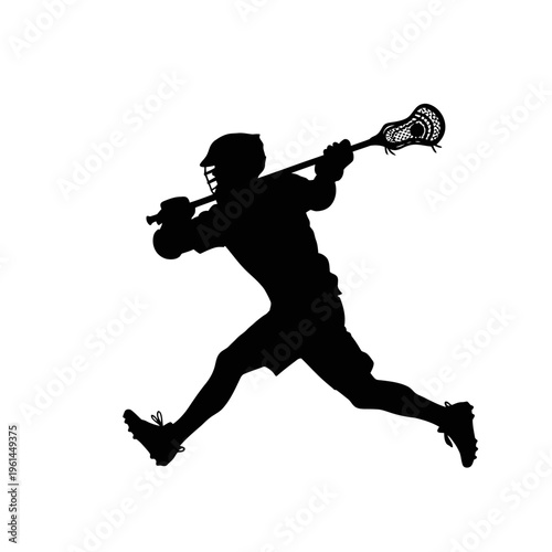 Silhouette of Lacrosse Player in Action During Game on a Field.