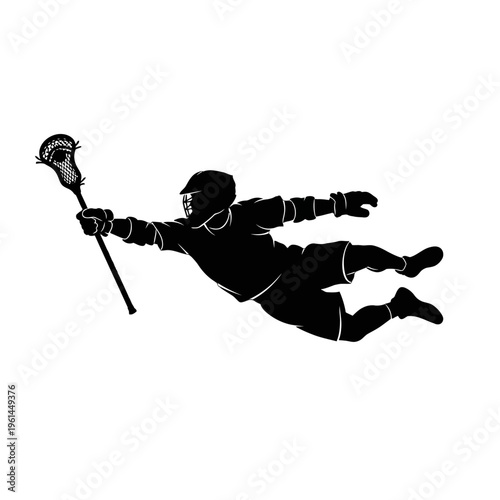 Silhouette of a lacrosse player mid flight with extended stick in action.