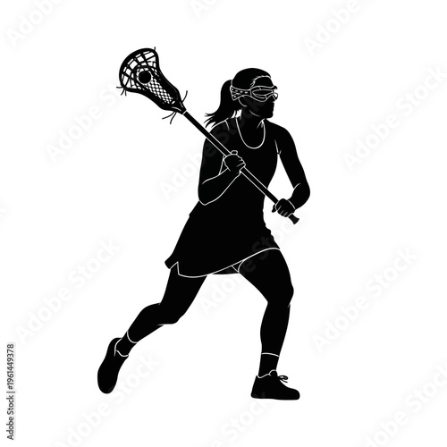 Dynamic lacrosse player in action silhouette with stick and ball.