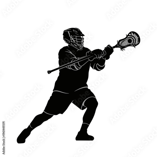 Lacrosse Player in Action Silhouette with Stick and Ball on Field.