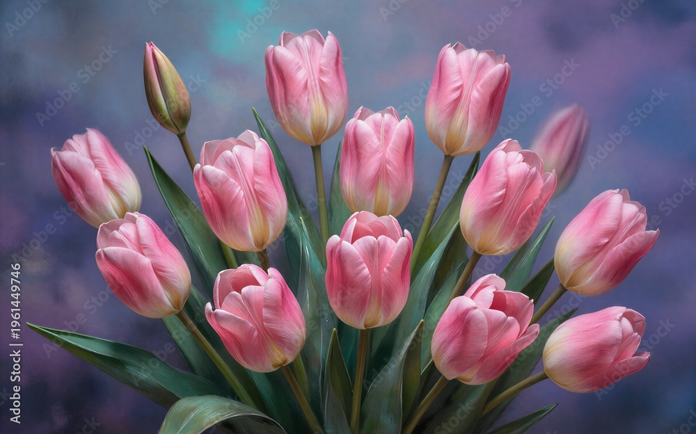 Fototapeta premium Pink tulips bloom gracefully against a dreamy purple and blue sky.