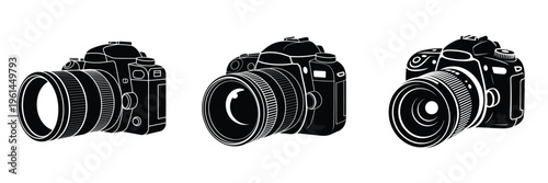World Press Freedom Day May 3 Vector Illustration – DSLR Camera Icons Symbolizing Photojournalism, Media Freedom, News Photography, and Visual Storytelling in Black and White