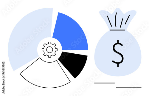 Financial planning, budgeting, business growth, statistics, wealth management, investment strategies. Split pie chart and dollar bag symbol. Financial planning and budgeting concept