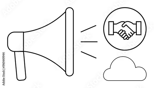 Communication concept. Communication through a megaphone, handshake collaboration, and a cloud for technology incorporation. Communication patterns for business, teamwork, networking, cloud systems
