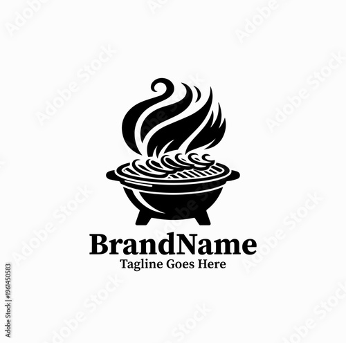 Korean BBQ Grill Silhouette with Smoke Meat Restaurant Logo