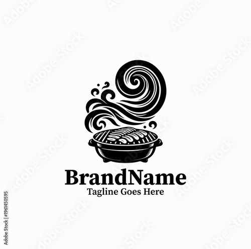 Korean BBQ Grill Silhouette with Smoke Meat Restaurant Logo
