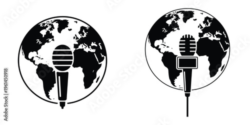 World Press Freedom Day May 3 Vector Illustration – Globe with Microphone Icons Representing Global Journalism, Media Freedom, Free Speech, and World Communication in Black and White