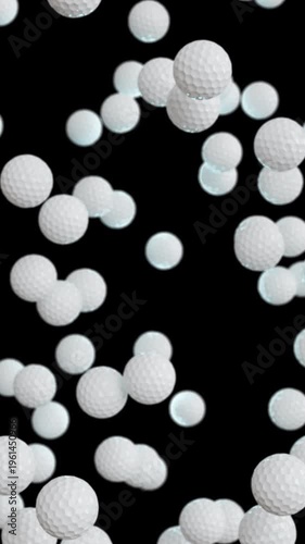 White golf balls falling downward in vertical seamless loop. Sports animation with alpha channel isolated on transparent background.