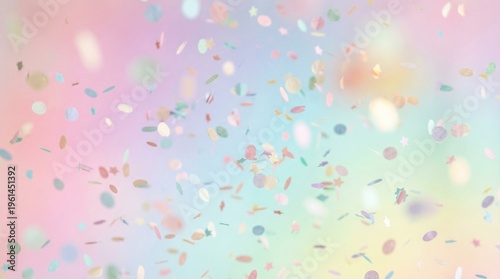 Bild auf Leinwand Vibrant pastel confetti in various shapes floats gracefully in mid-air against a soft, dreamy multicolored gradient background