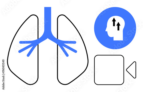 Respiratory system design. Respiratory health highlighted with lungs graphic, mental health icon, and video element illustration. Ideal for healthcare, education, technology, wellness