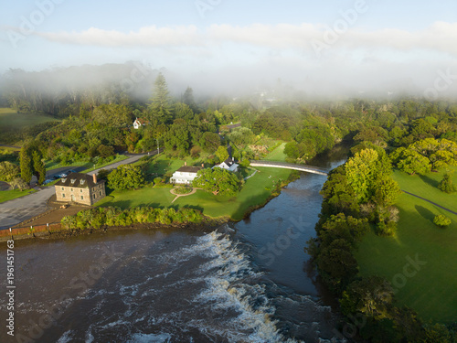 Kerikeri Basin and Stone Store aerial view in morning mist Bay of Islands New Zealand