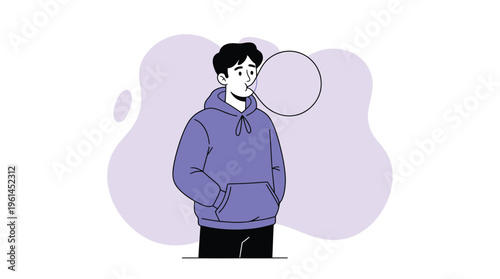 Youthful Man in Purple Hoodie Blowing a Large Pink Bubble Gum Bubble - Casual Flat Vector Illustration