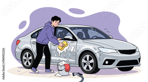 Young Man Enthusiastically Washing His Silver Sedan with Sponge and Soap, Enjoying Auto Care Activity