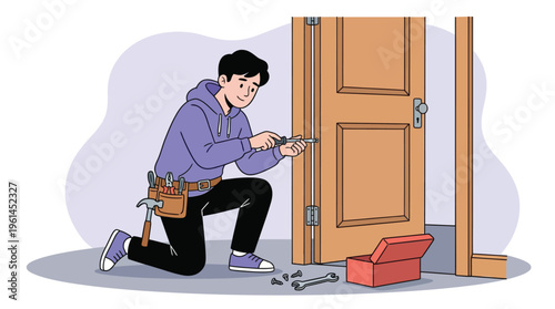 Skilled Handyman Repairing a Wooden Door Hinge with a Screwdriver and Tool Belt, Home Maintenance Illustration.