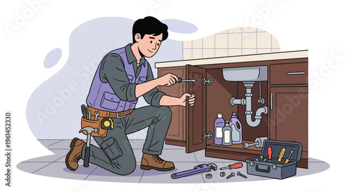 Smiling Handyman Repairing Plumbing Under Kitchen Sink with Screwdriver and Tool Belt, Home Maintenance Service